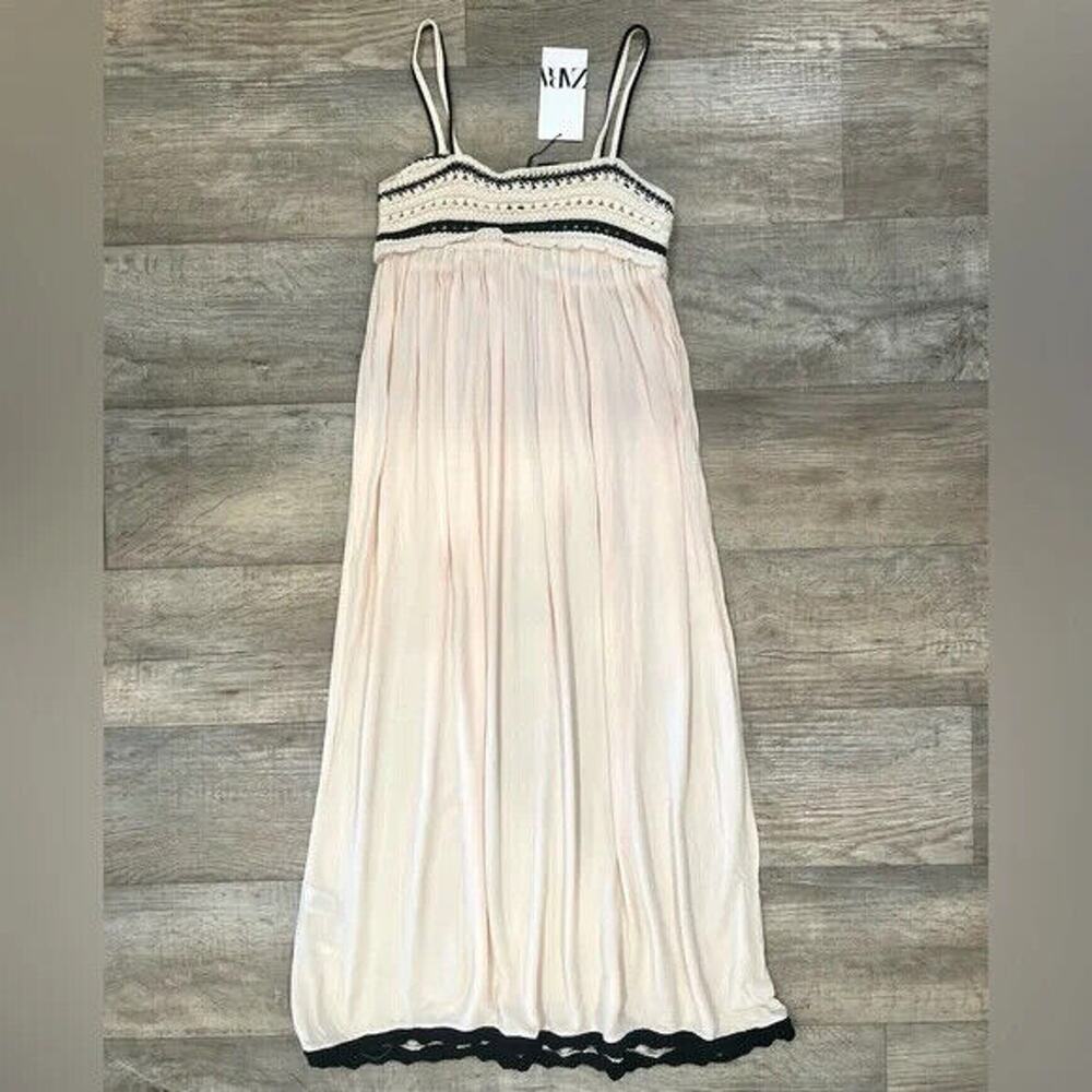 Zara Cream Ecru Maxi Dress Contrast Trim Flowy Boho Resort Vacation Size M NWT - Picture 16 of 16